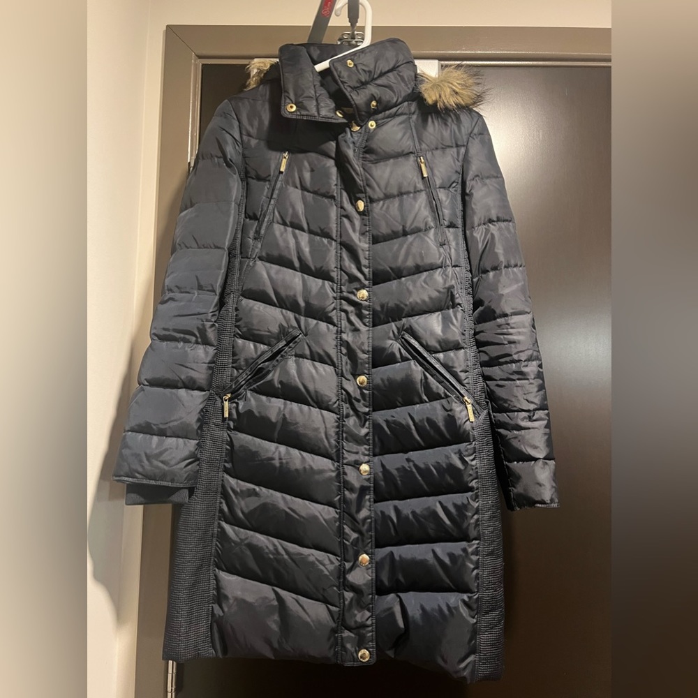 Michael Kors navy blue down jacket with faux fur trim hood